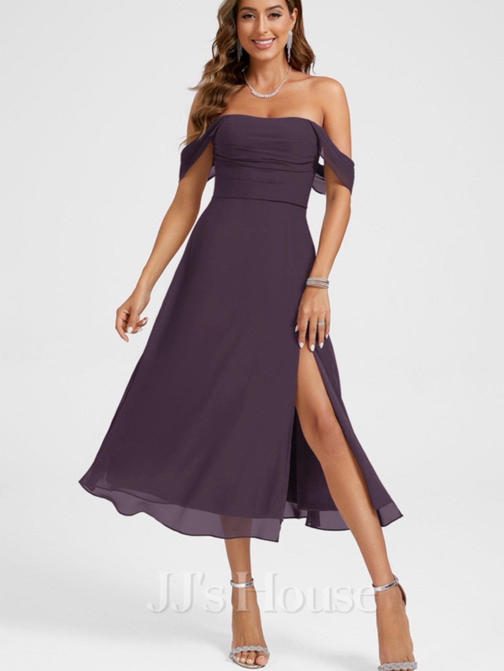 Elegant Off-Shoulder Plum Midi Dress with Side Slit